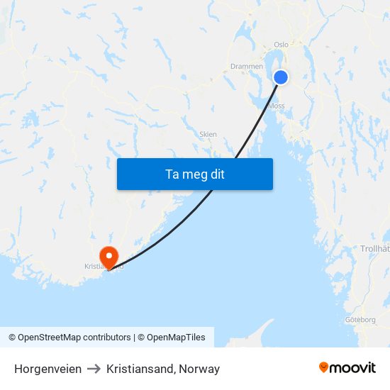 Horgenveien to Kristiansand, Norway map