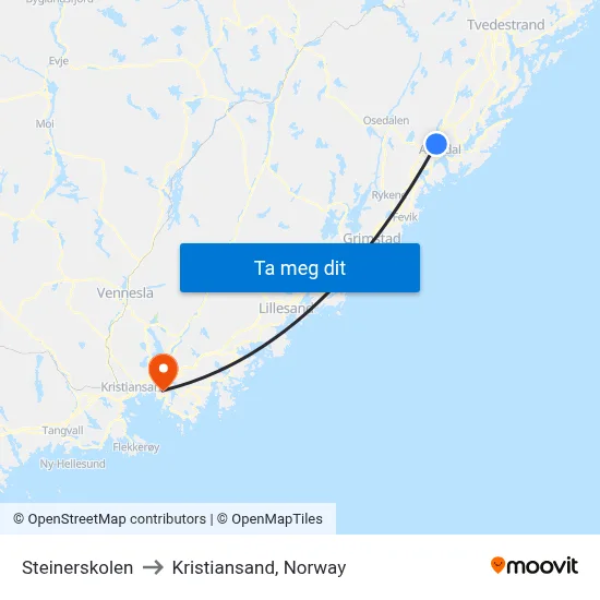 Steinerskolen to Kristiansand, Norway map