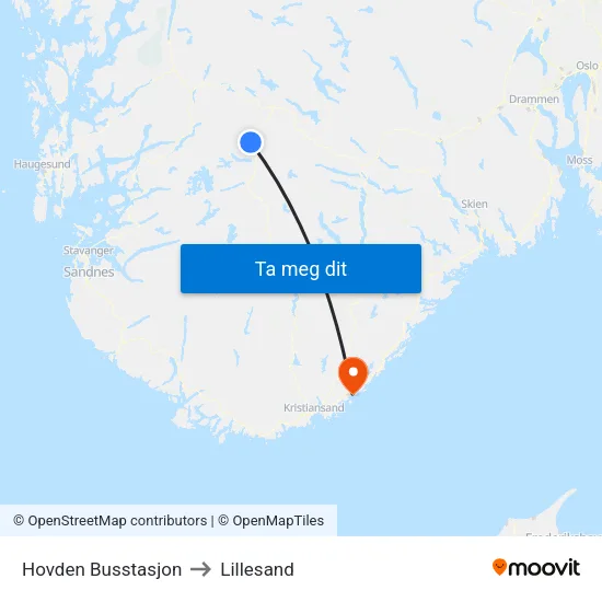Hovden Busstasjon to Lillesand map