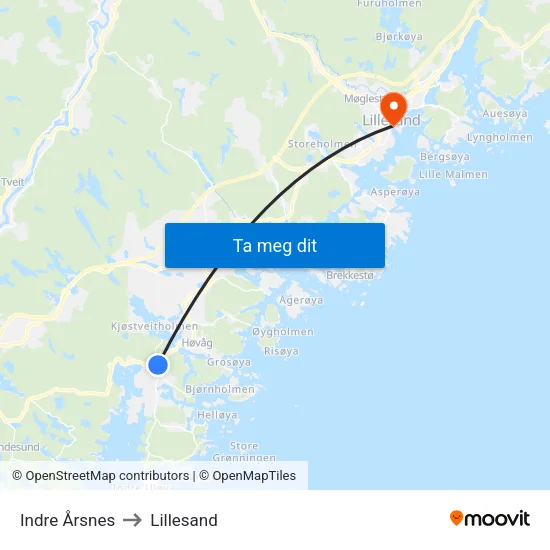 Indre Årsnes to Lillesand map