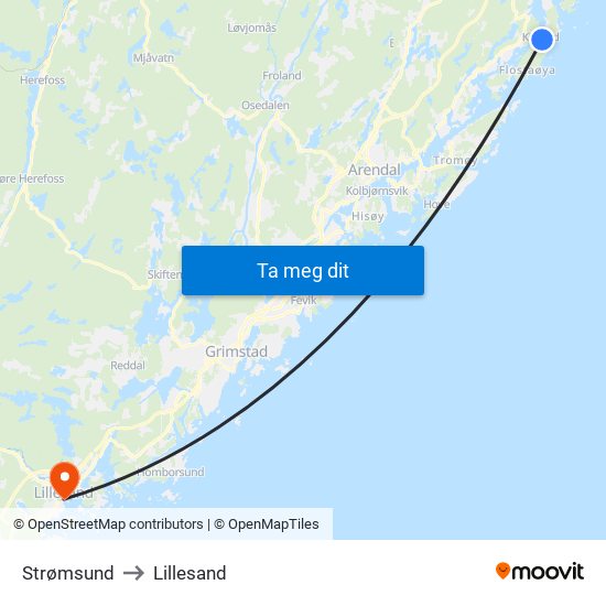 Strømsund to Lillesand map