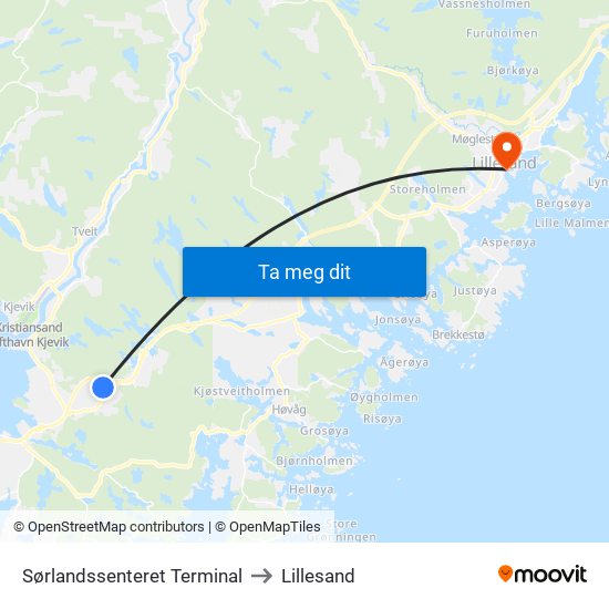 Sørlandssenteret Terminal to Lillesand map