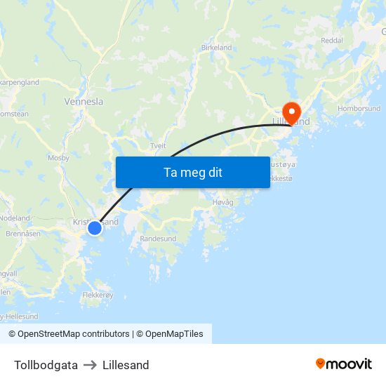 Tollbodgata to Lillesand map