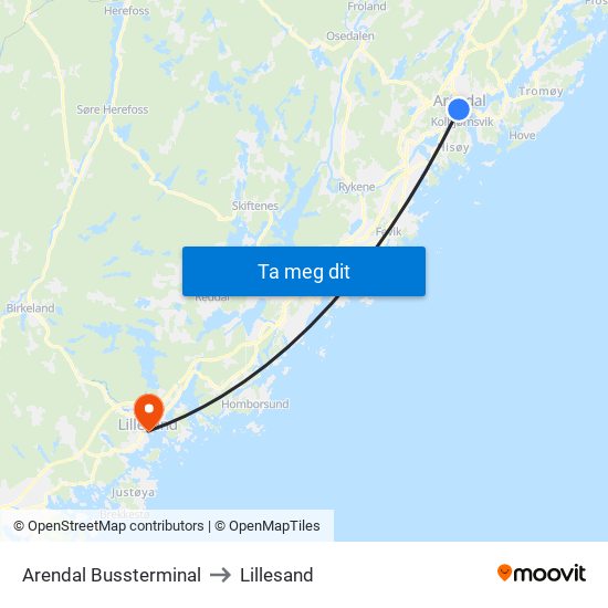 Arendal Bussterminal to Lillesand map