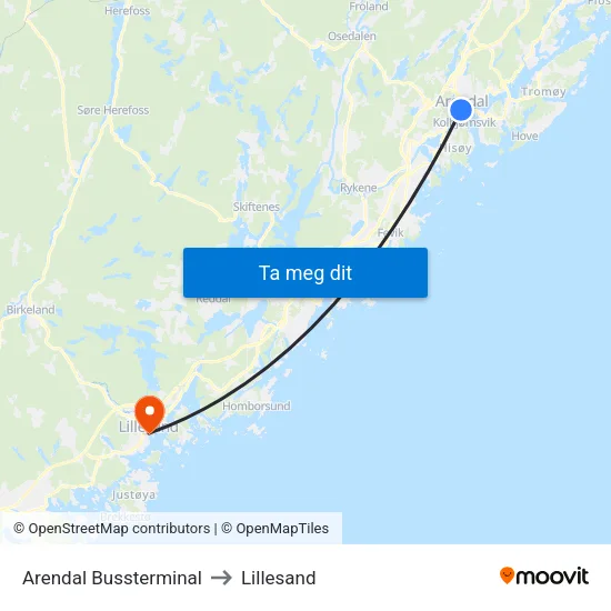 Arendal Bussterminal to Lillesand map