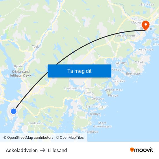 Askeladdveien to Lillesand map