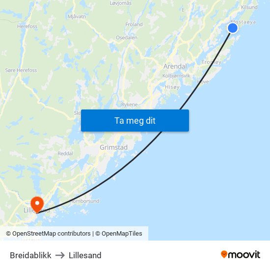 Breidablikk to Lillesand map