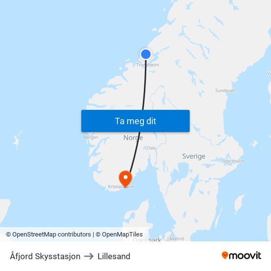 Åfjord Skysstasjon to Lillesand map