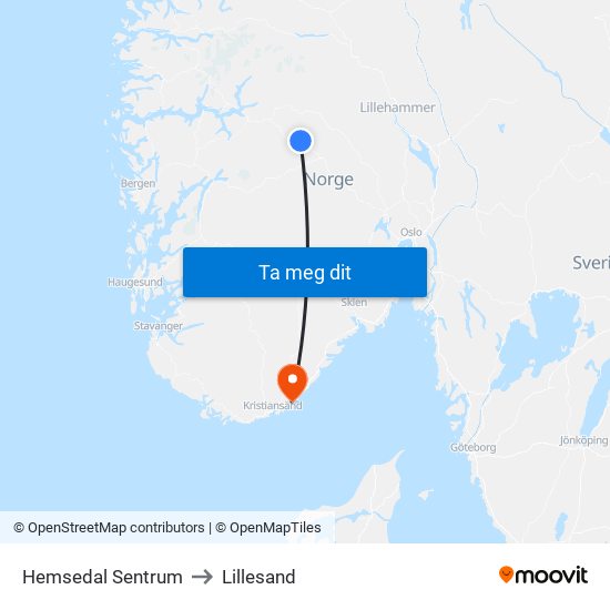 Hemsedal Sentrum to Lillesand map