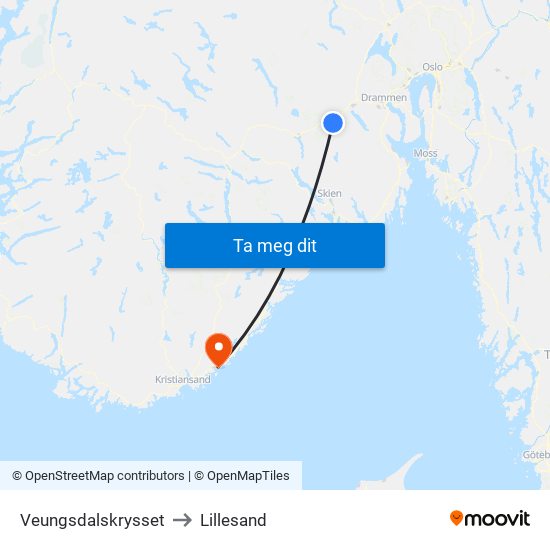 Veungsdalskrysset to Lillesand map