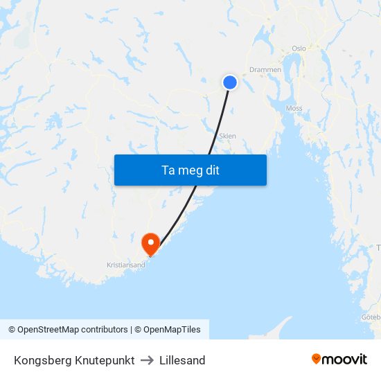 Kongsberg Knutepunkt to Lillesand map