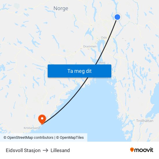 Eidsvoll Stasjon to Lillesand map