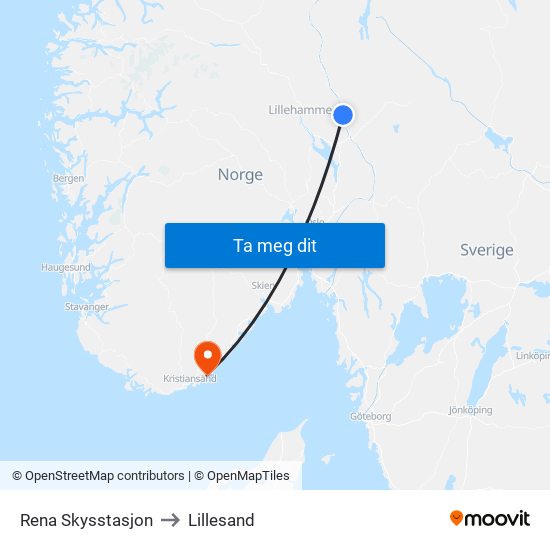 Rena Skysstasjon to Lillesand map