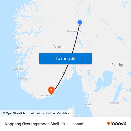 Koppang Øverengsmoen Shell to Lillesand map