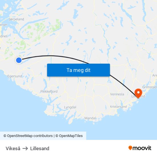 Vikeså to Lillesand map