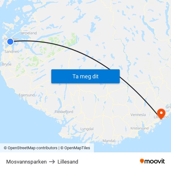 Mosvannsparken to Lillesand map