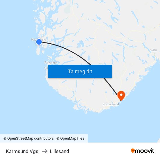 Karmsund Vgs. to Lillesand map