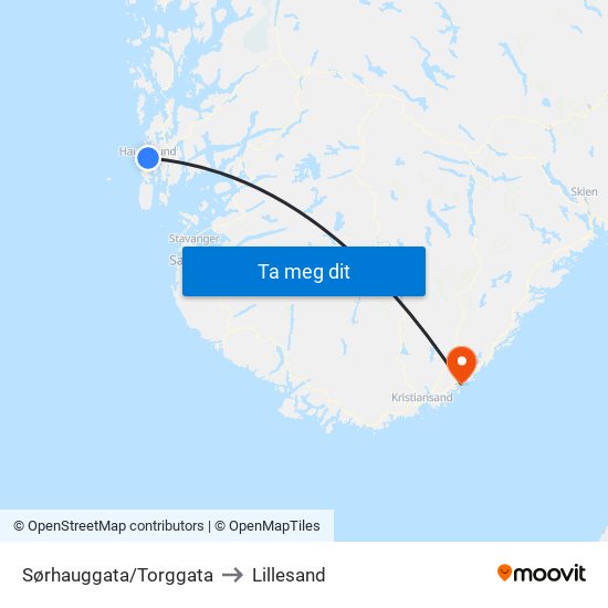 Sørhauggata/Torggata to Lillesand map