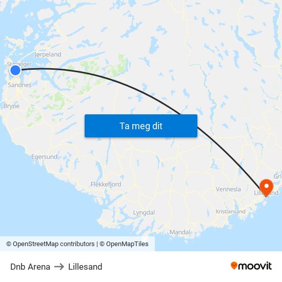 Dnb Arena to Lillesand map