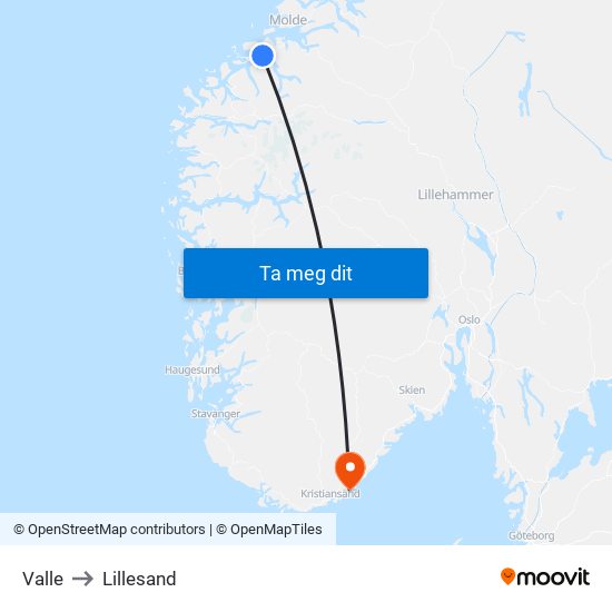 Valle to Lillesand map