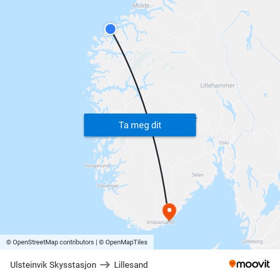 Ulsteinvik Skysstasjon to Lillesand map