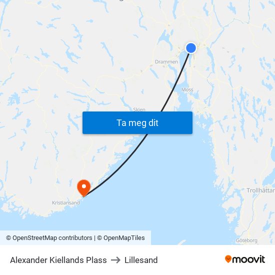 Alexander Kiellands Plass to Lillesand map