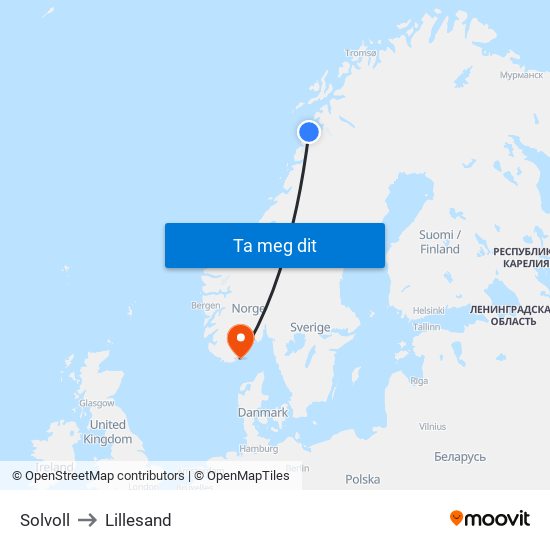 Solvoll to Lillesand map