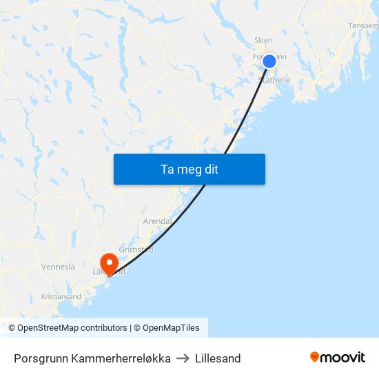 Porsgrunn Kammerherreløkka to Lillesand map