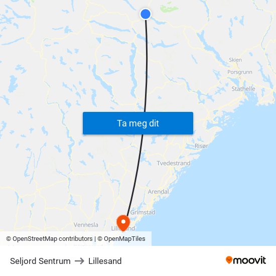 Seljord Sentrum to Lillesand map