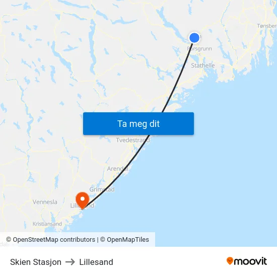 Skien Stasjon to Lillesand map