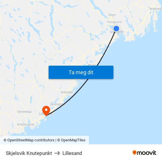 Skjelsvik Knutepunkt to Lillesand map