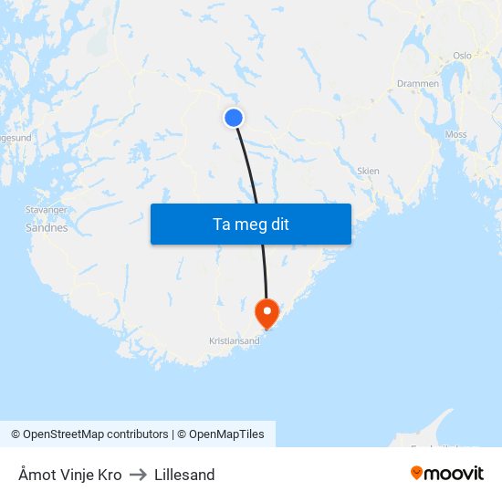 Åmot Vinje Kro to Lillesand map