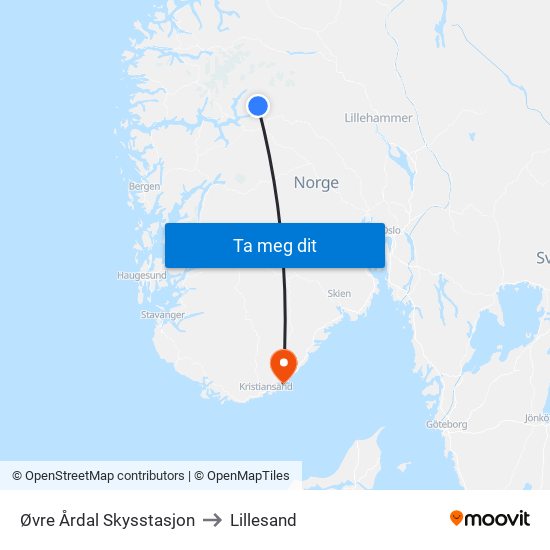Øvre Årdal Skysstasjon to Lillesand map