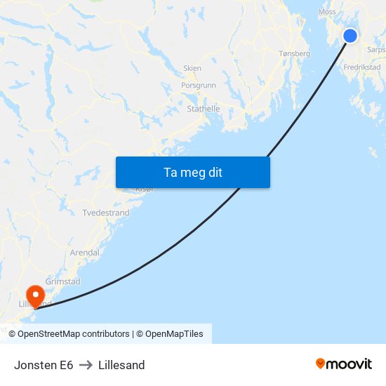 Jonsten E6 to Lillesand map