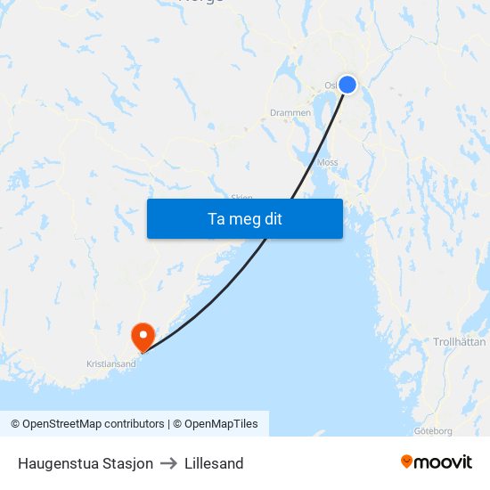 Haugenstua Stasjon to Lillesand map