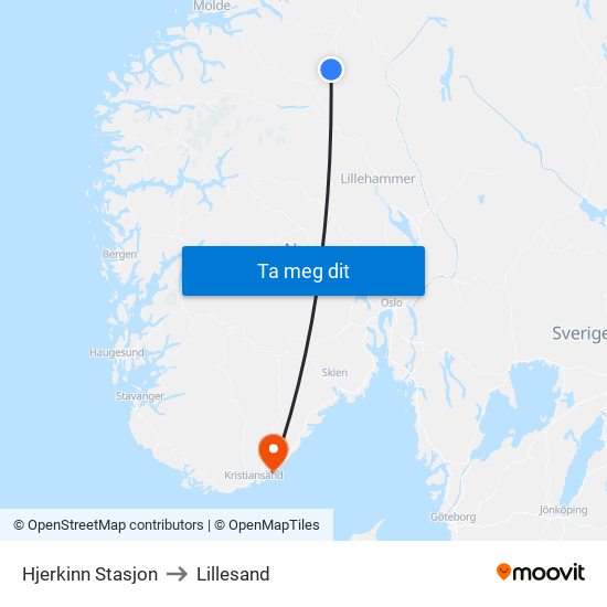 Hjerkinn Stasjon to Lillesand map