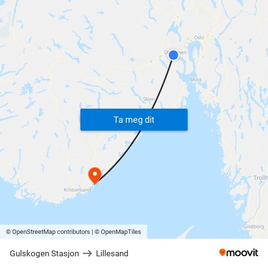 Gulskogen Stasjon to Lillesand map
