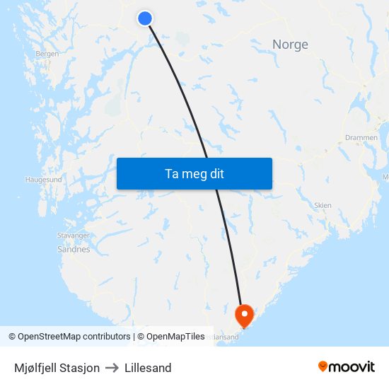 Mjølfjell Stasjon to Lillesand map