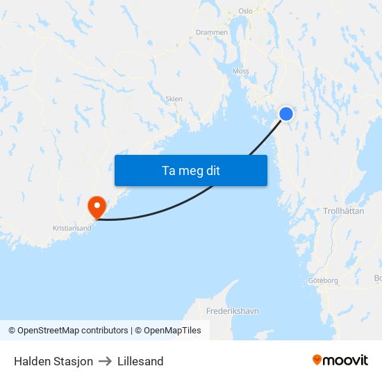 Halden Stasjon to Lillesand map