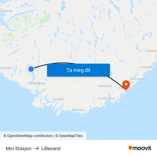 Moi Stasjon to Lillesand map