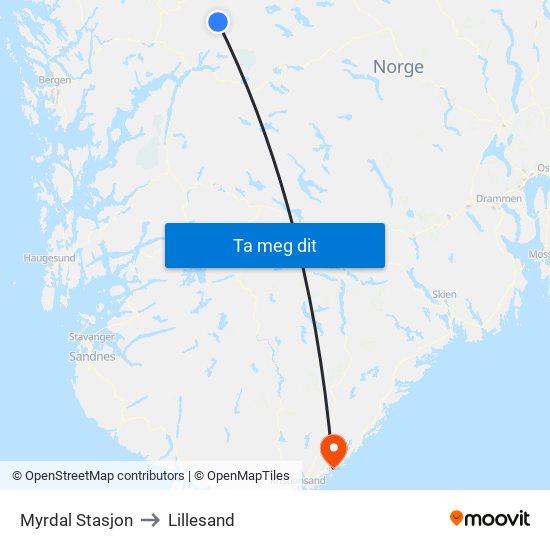 Myrdal Stasjon to Lillesand map