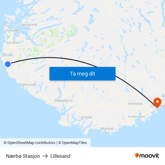 Nærbø Stasjon to Lillesand map