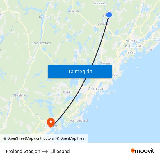 Froland Stasjon to Lillesand map