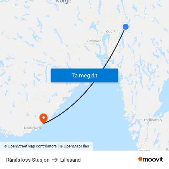 Rånåsfoss Stasjon to Lillesand map