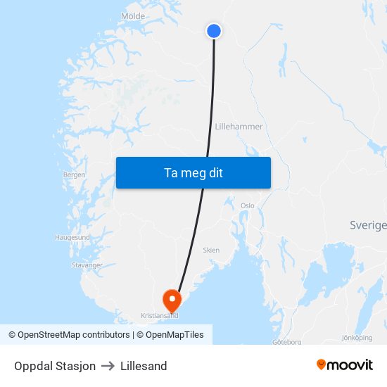 Oppdal Stasjon to Lillesand map