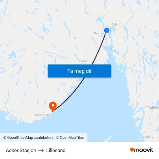 Asker Stasjon to Lillesand map