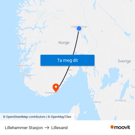 Lillehammer Stasjon to Lillesand map