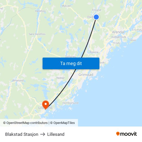 Blakstad Stasjon to Lillesand map