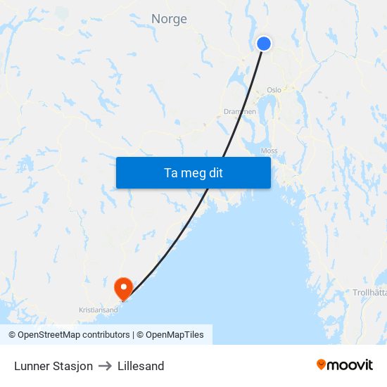 Lunner Stasjon to Lillesand map