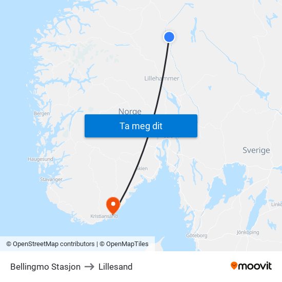 Bellingmo Stasjon to Lillesand map